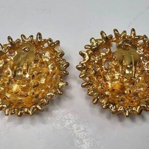 Red Enamel & Clear Glass Gold Tone Clip-On Earrings 1.75"L - Picture 3 of 3